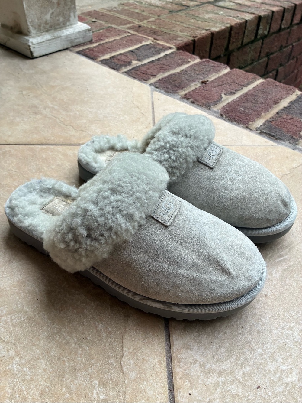 UGG Light Gray Suede Slide Slippers with Shearling Collar